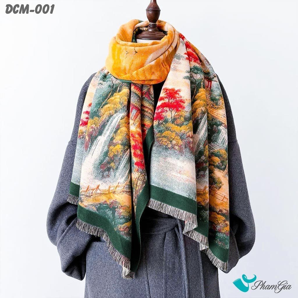 Khăn Choàng Dạ Cashmere 3D Cao Cấp Họa Tiết Tranh Sơn Thủy (DCM001)