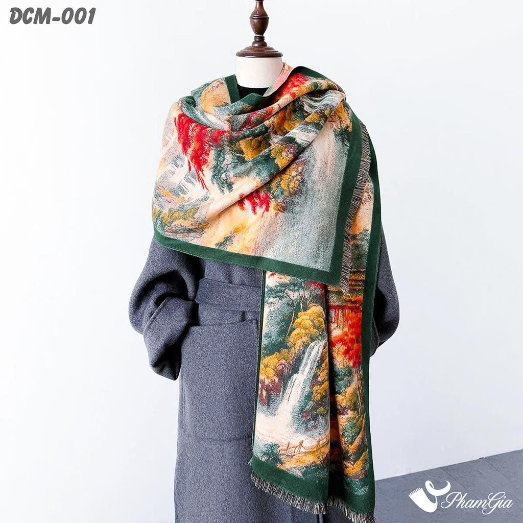 Khăn Choàng Dạ Cashmere 3D Cao Cấp Họa Tiết Tranh Sơn Thủy (DCM001)