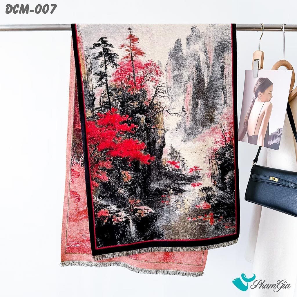 Khăn Choàng Dạ Cashmere 3D Cao Cấp Họa Tiết Tranh Thủy Mặc (DCM007)