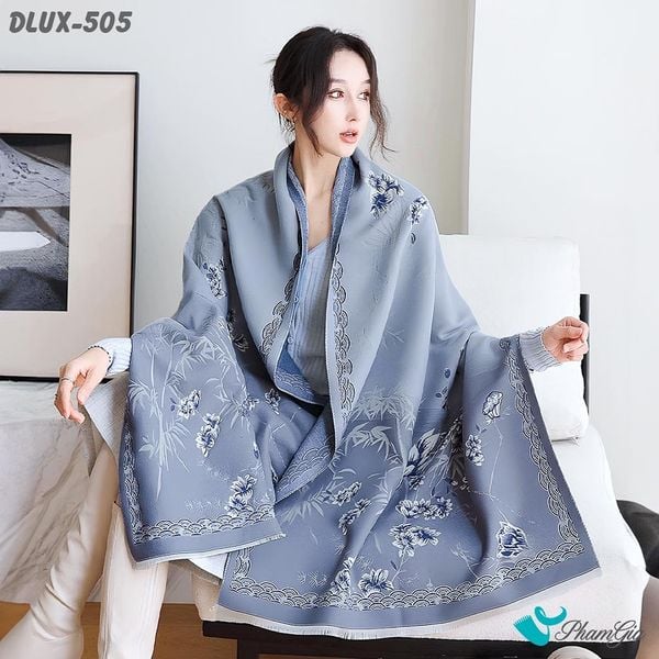Khăn Choàng Dạ Cashmere Cao Cấp Họa Tiết Đài Sen Màu Xanh Navy Tinh Tế (DLUX505)