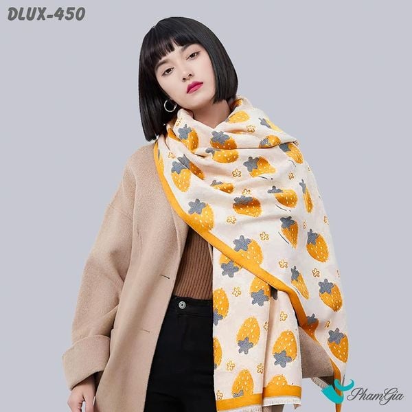 Khăn Choàng Dạ Cashmere Cao Cấp Họa Tiết Dâu Tây Màu Vàng Cá Tính (DLUX450)