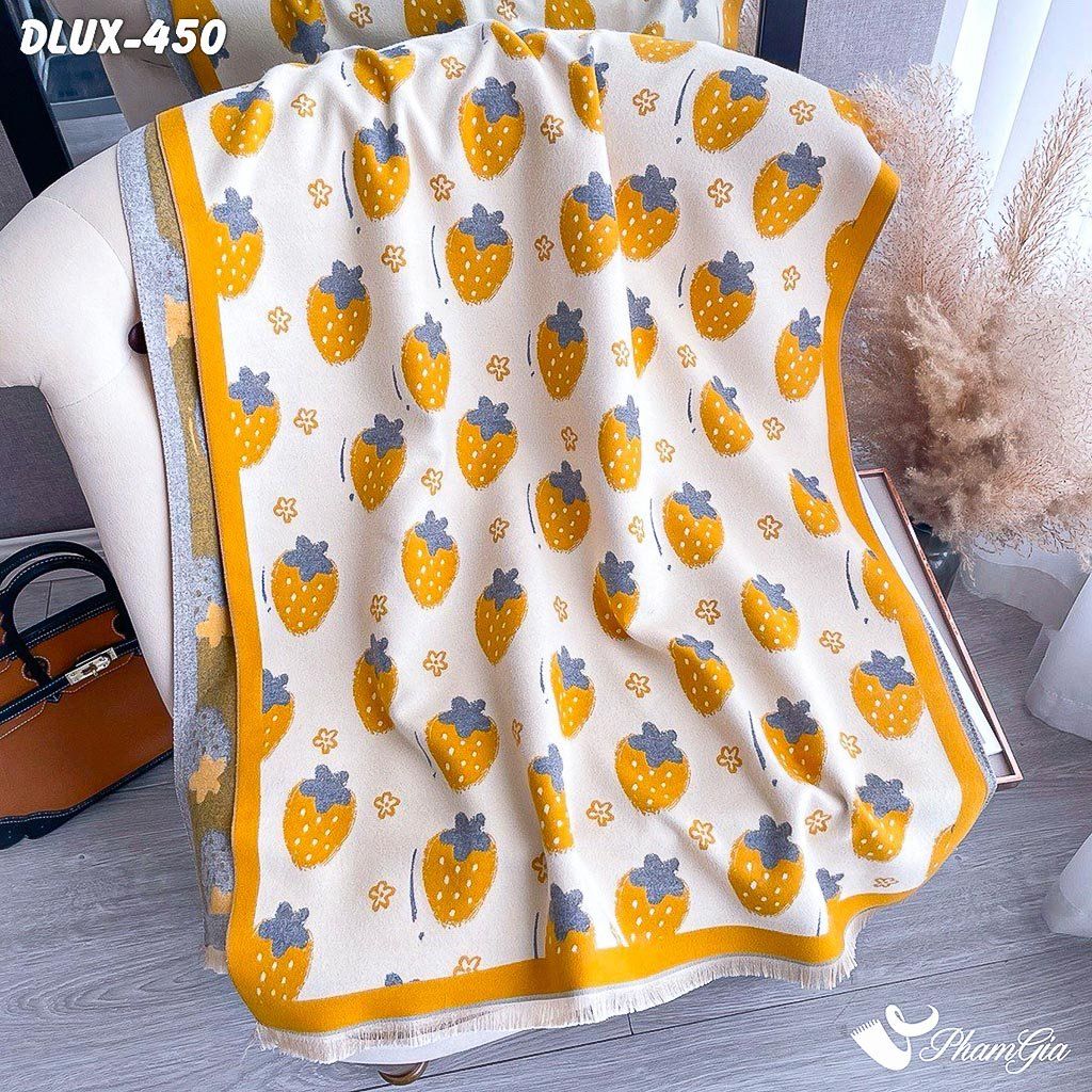 Họa Tiết Khăn Choàng Dạ Cashmere Cao Cấp Họa Tiết Dâu Tây Màu Vàng Cá Tính
