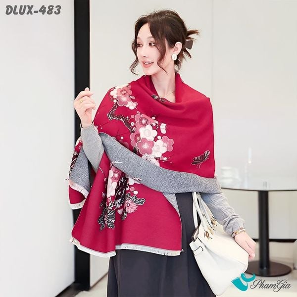 Khăn Choàng Dạ Cashmere Cao Cấp Họa Tiết Hoa Đào Màu Đỏ Đô Sang Trọng (DLUX483)