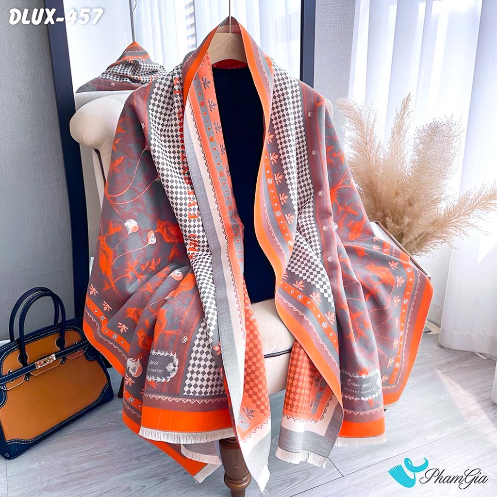 Khăn Choàng Dạ Cashmere Cao Cấp Họa Tiết Hoa Lá Màu Cam Đất Thanh Lịch