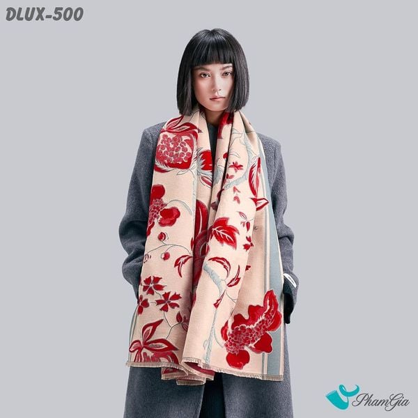 Khăn Choàng Dạ Cashmere Cao Cấp Họa Tiết Hoa Lựu Màu Đỏ Ruby Ấn Tượng (DLUX500)
