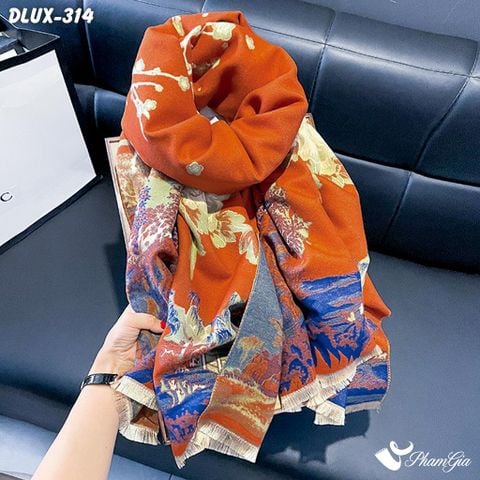 Khăn Choàng Dạ Cashmere Cao Cấp Họa Tiết Hoa Sơn Thủy Màu Đỏ Gạch (DLUX314)