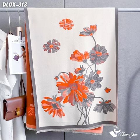 Khăn Choàng Dạ Cashmere Cao Cấp Họa Tiết Hoa Thược Dược Màu Cam (DLUX313)