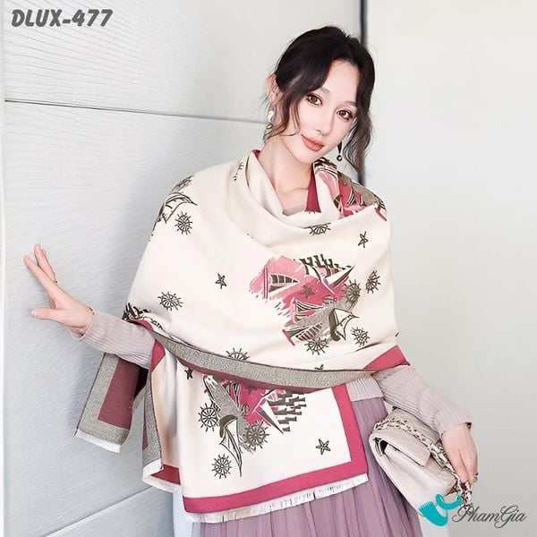 Khăn Choàng Dạ Cashmere Cao Cấp Họa Tiết Retro Màu Hồng Dâu Thanh Lịch (DLUX477)