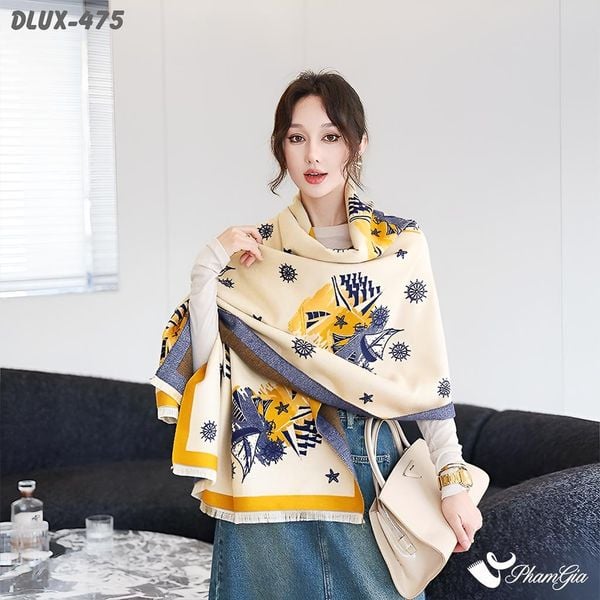 Khăn Choàng Dạ Cashmere Cao Cấp Họa Tiết Retro Màu Vàng Kem Thanh Lịch (DLUX475)
