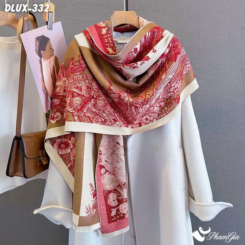 Khăn Choàng Dạ Cashmere Cao Cấp Họa Tiết Sắc Hoa Màu Đỏ Sang Trọng (DLUX332)