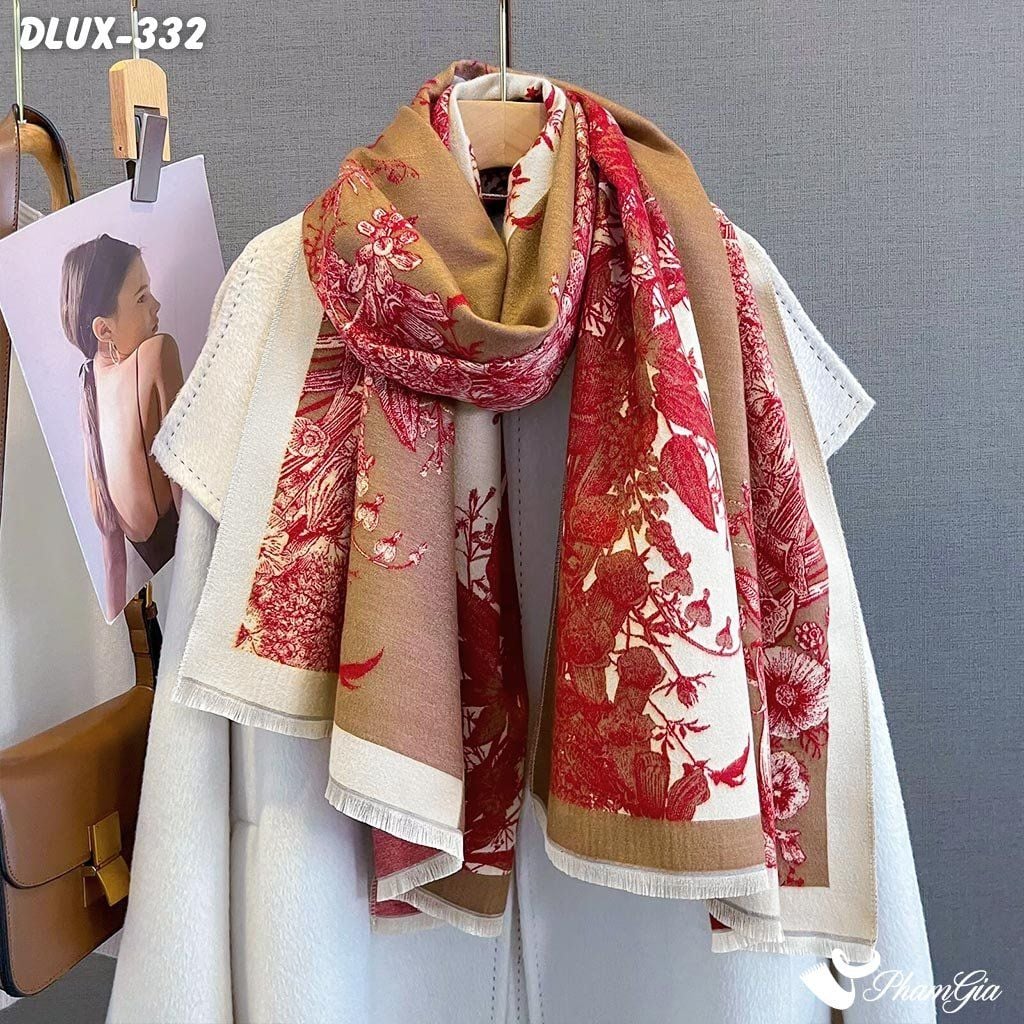 Khăn Choàng Dạ Cashmere Cao Cấp Họa Tiết Sắc Hoa Màu Đỏ Sang Trọng (DLUX332)