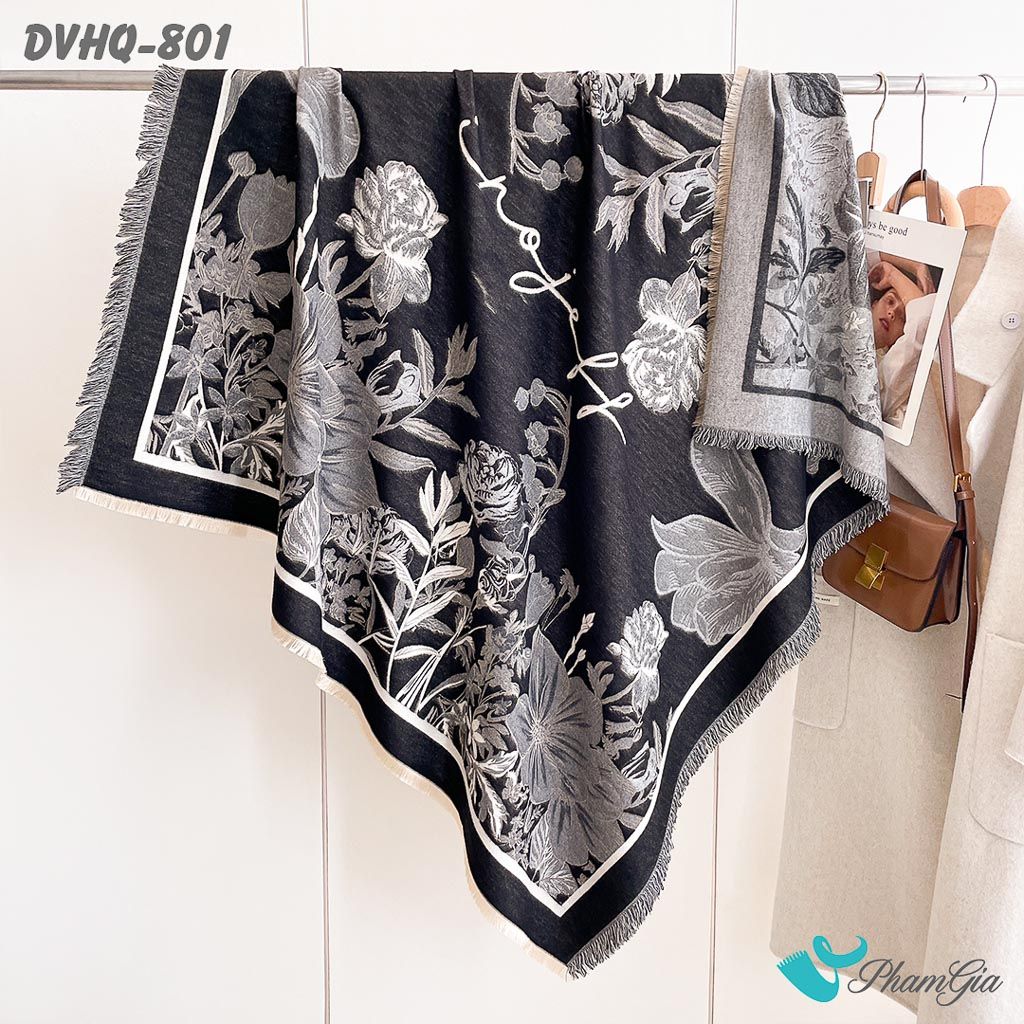 Khăn Choàng Dạ Cashmere Vuông Luxury Họa Tiết Vườn Hoa Màu Đen Khói