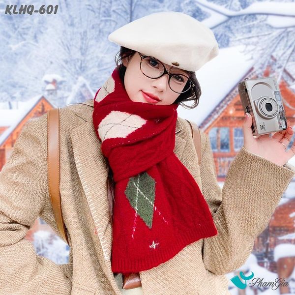 Khăn Choàng Len Giữ Ấm Họa Tiết Quả Trám Màu Đỏ Cao Cấp (KLHQ601)