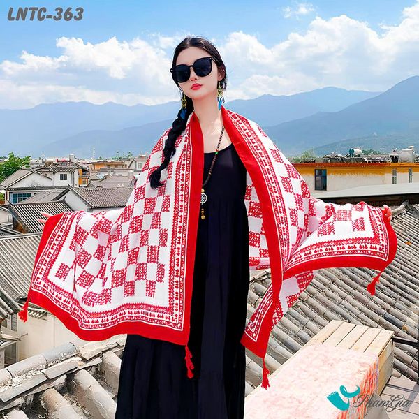 Khăn Choàng Linen Boho Họa Tiết Caro Thổ Cẩm Màu Đỏ Nổi Bật (LNTC363)