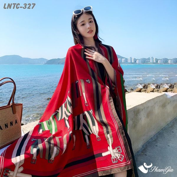 Khăn Choàng Linen Boho Họa Tiết Dây Đai Nâu Phối Nền Đỏ Đô Nổi Bật (LNTC327)