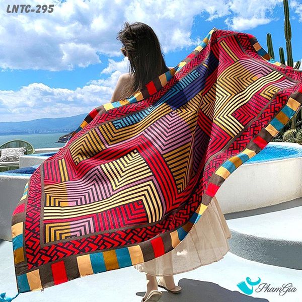 Khăn Choàng Linen Boho Họa Tiết Hình Học Phối Màu Đỏ Vàng Cá Tính (LNTC295)