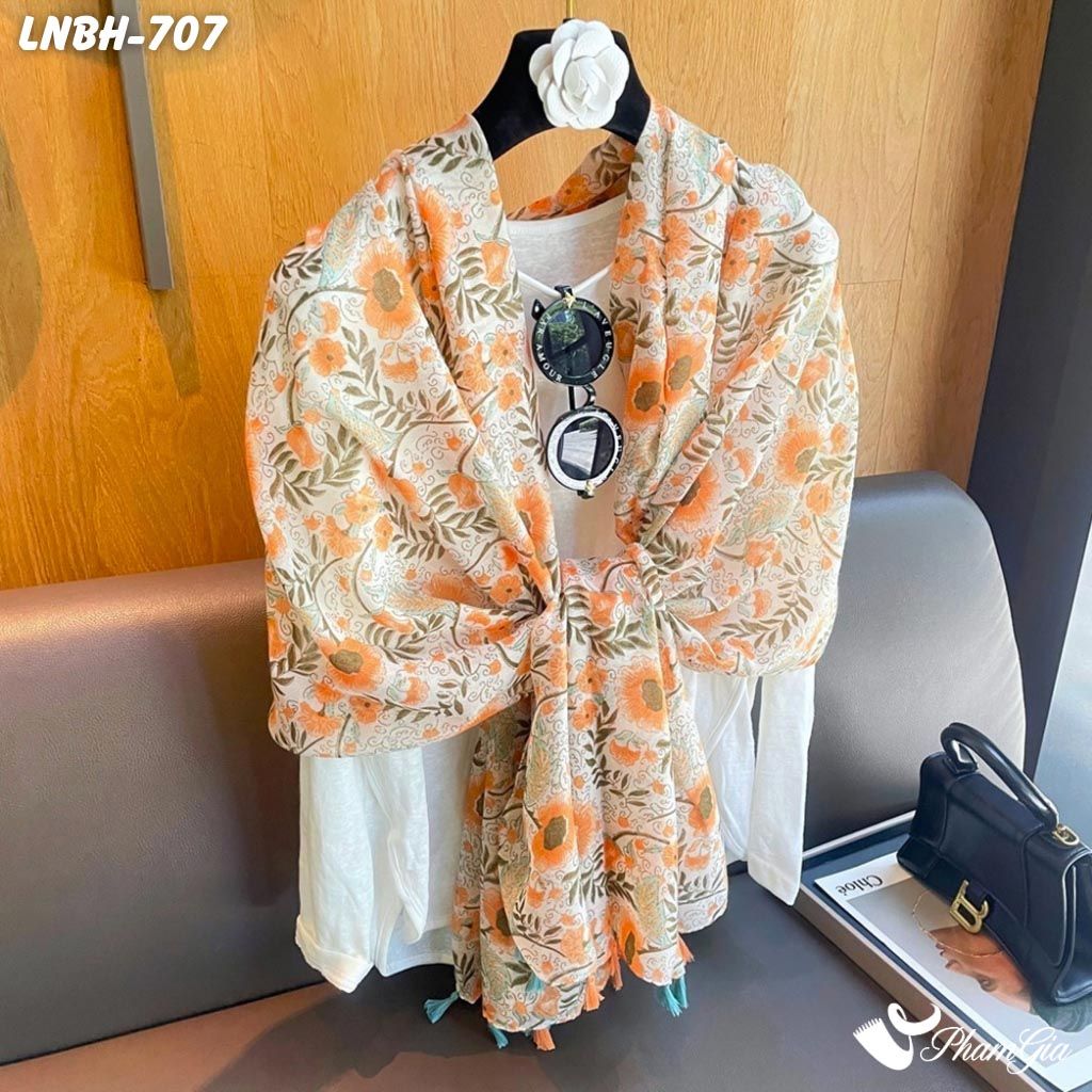 Khăn Choàng Linen Boho Họa Tiết Hoa Lá Botanical (LNBH707)