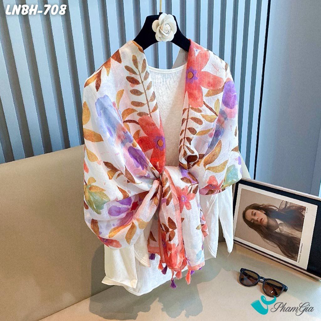 Khăn Choàng Linen Boho Họa Tiết Hoa Lá Botanical (LNBH708)