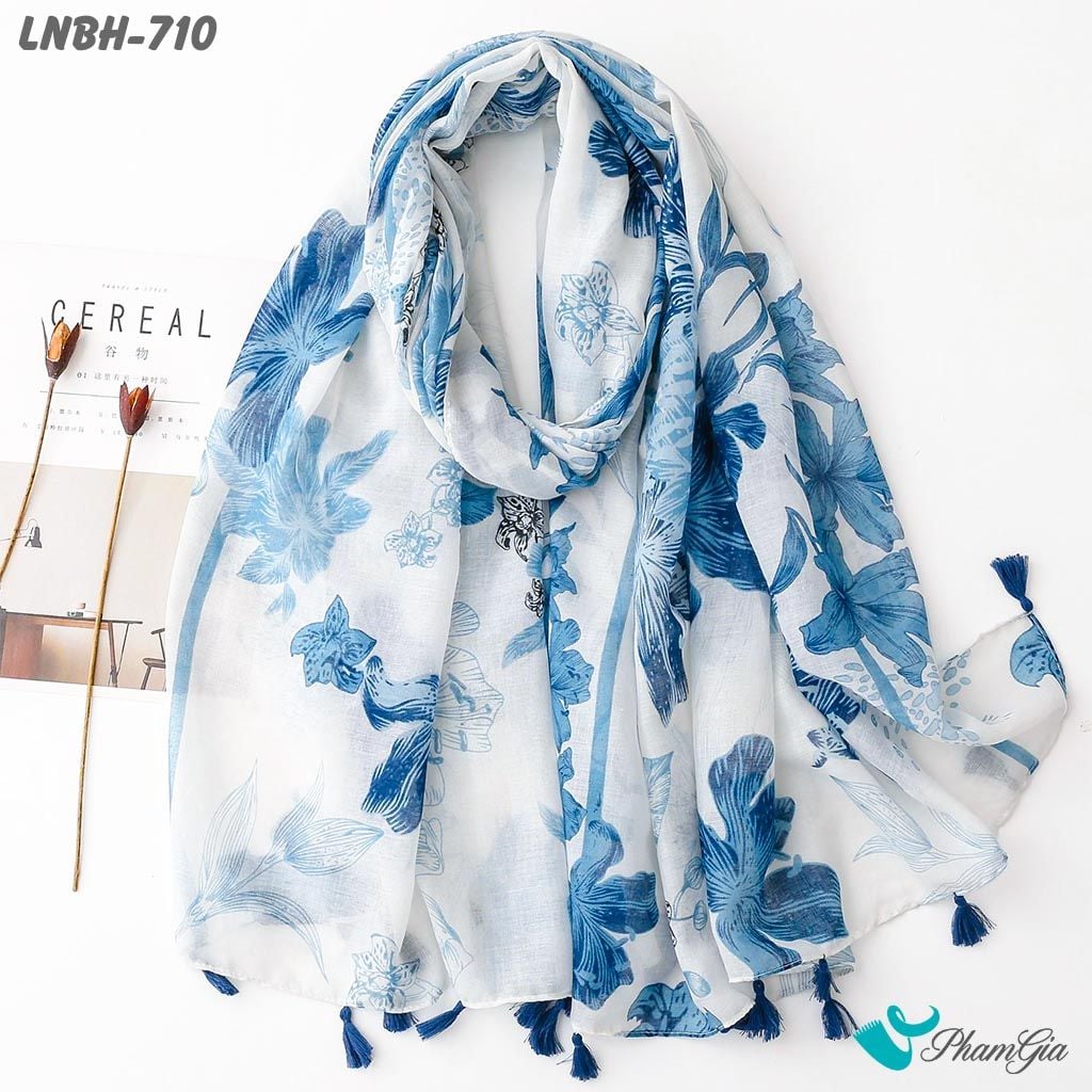 Khăn Choàng Linen Boho Họa Tiết Hoa Lily Màu Xanh Blue Thanh Lịch (LNBH710)