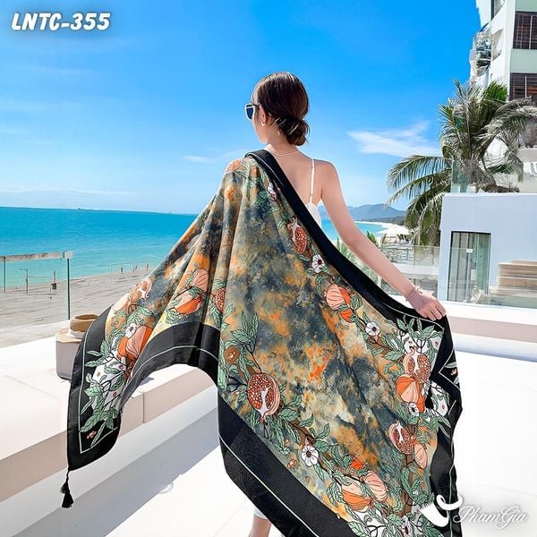 Khăn Choàng Linen Boho Họa Tiết Lựu Chín Màu Đen Tinh Tế (LNTC355)
