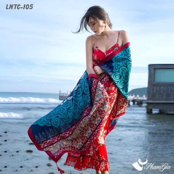 Khăn Choàng Linen Boho Họa Tiết Mandala Màu Xanh Ngọc Quyến Rũ (LNTC105)