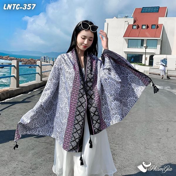 Khăn Choàng Linen Boho Họa Tiết Thổ Cẩm Màu Tím Than Cá Tính (LNTC357)