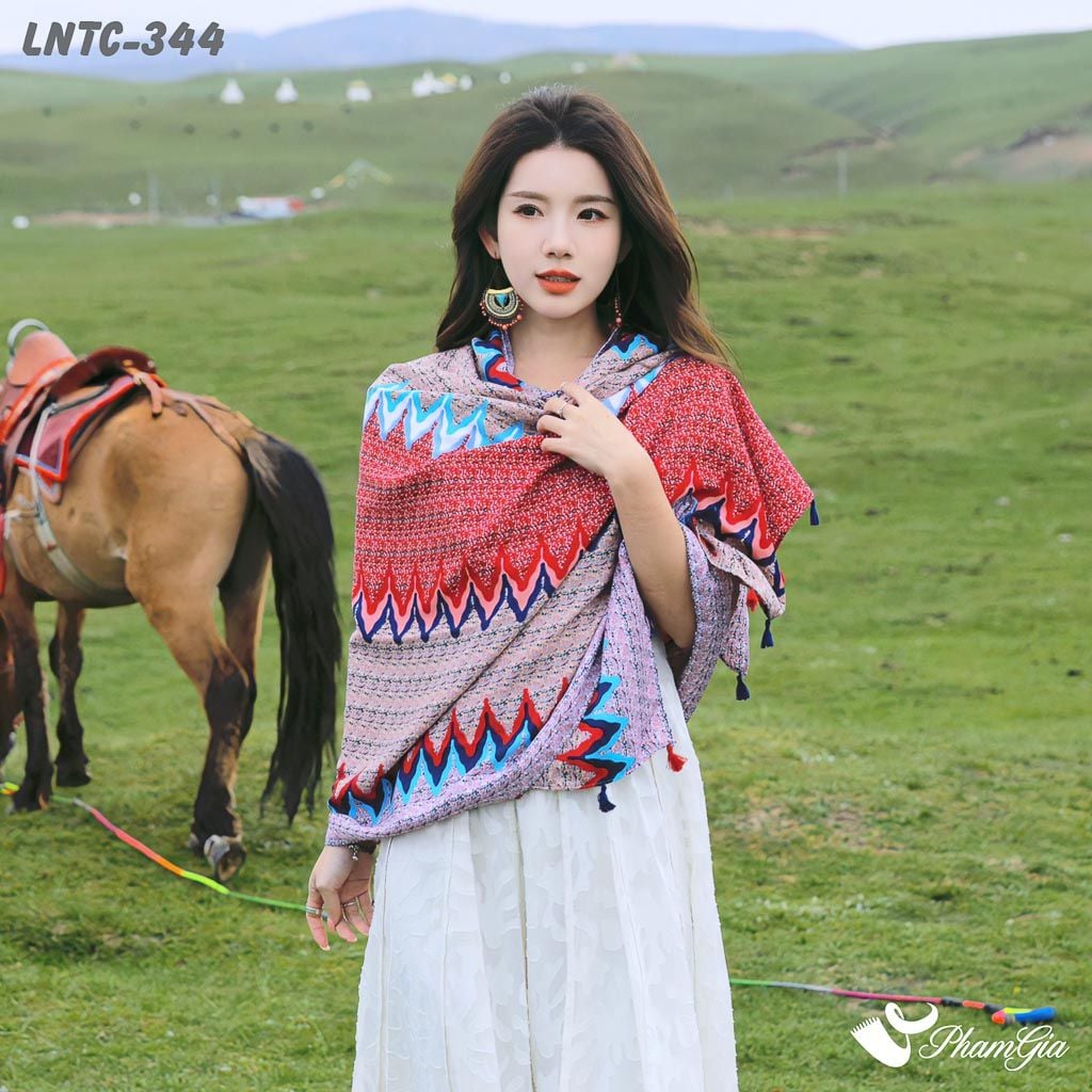 Khăn Choàng Linen Boho Họa Tiết Ziczac Màu Hồng Đỏ Rực Rỡ (LNTC344)