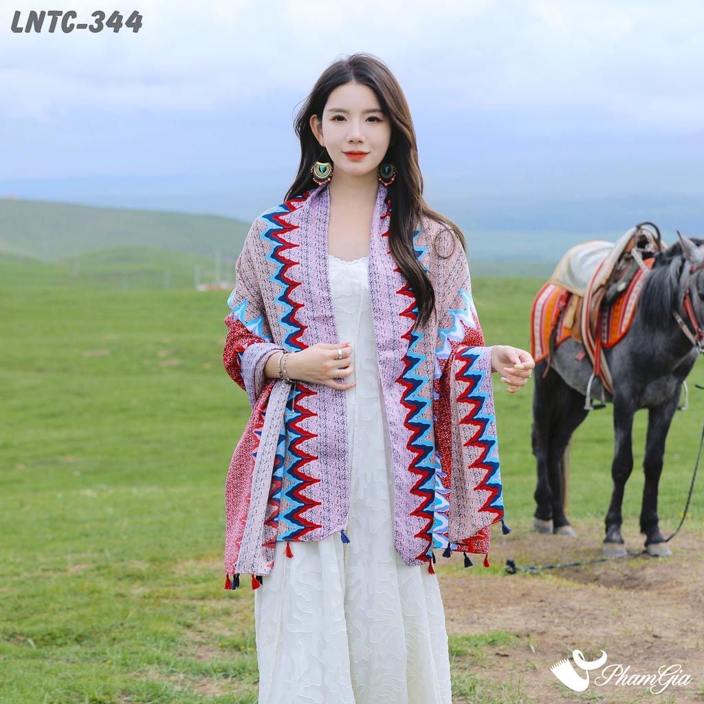 Khăn Choàng Linen Boho Họa Tiết Ziczac Màu Hồng Đỏ Rực Rỡ (LNTC344)