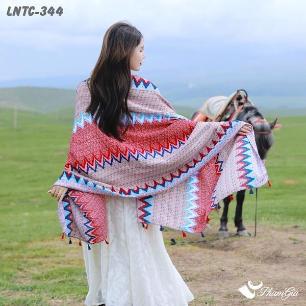 Khăn Choàng Linen Boho Họa Tiết Ziczac Màu Hồng Đỏ Rực Rỡ (LNTC344)