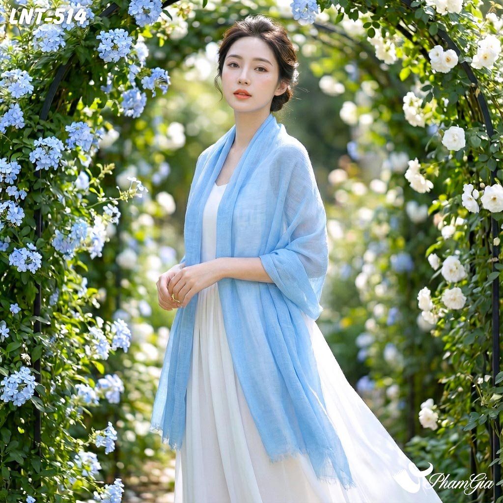 Khăn Choàng Linen Đơn Sắc Cao Cấp Màu Xanh Blue (LNT514)