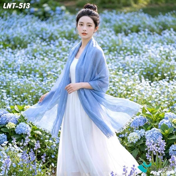 Khăn Choàng Linen Đơn Sắc Cao Cấp Màu Xanh Denim (LNT513)