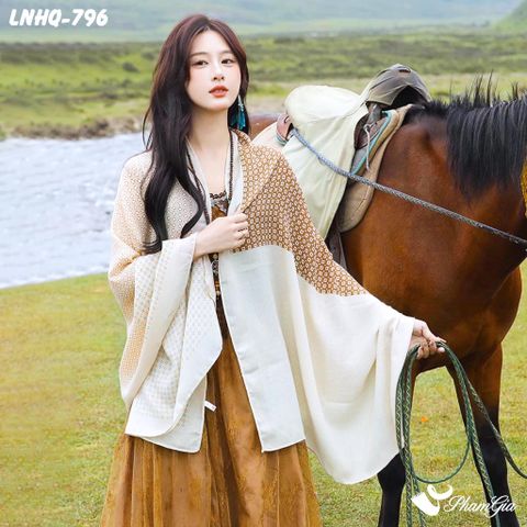 Khăn Choàng Linen Phong Cách Hàn Quốc Họa Tiết Mosaic Kem Nâu Dịu Dàng