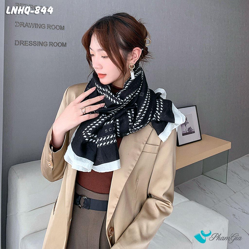Khăn Choàng Linen Phong Cách Hàn Quốc Màu Đen Viền Trắng Thanh Lịch