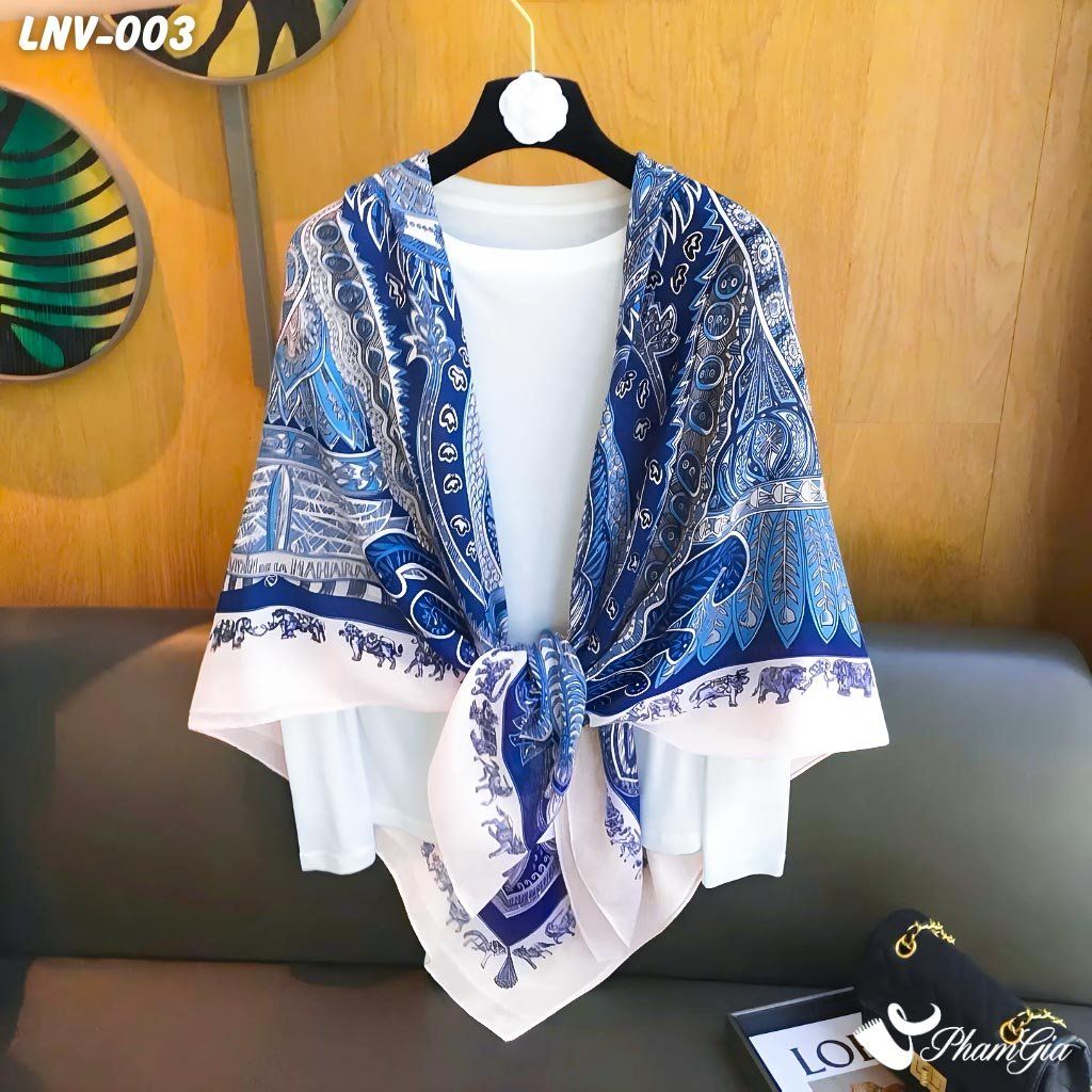 Khăn Choàng Linen Vuông Họa Tiết Paisley Màu Xanh Navy Cá Tính (LNV003)