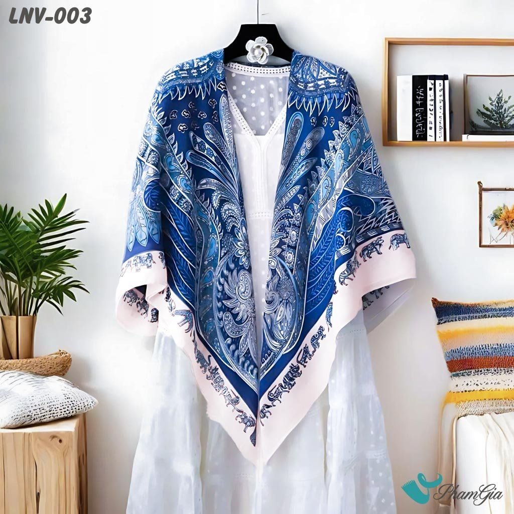 Khăn Choàng Linen Vuông Họa Tiết Paisley Màu Xanh Navy Cá Tính (LNV003)