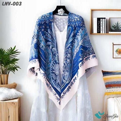 Khăn Choàng Linen Vuông Họa Tiết Paisley Màu Xanh Navy Cá Tính (LNV003)