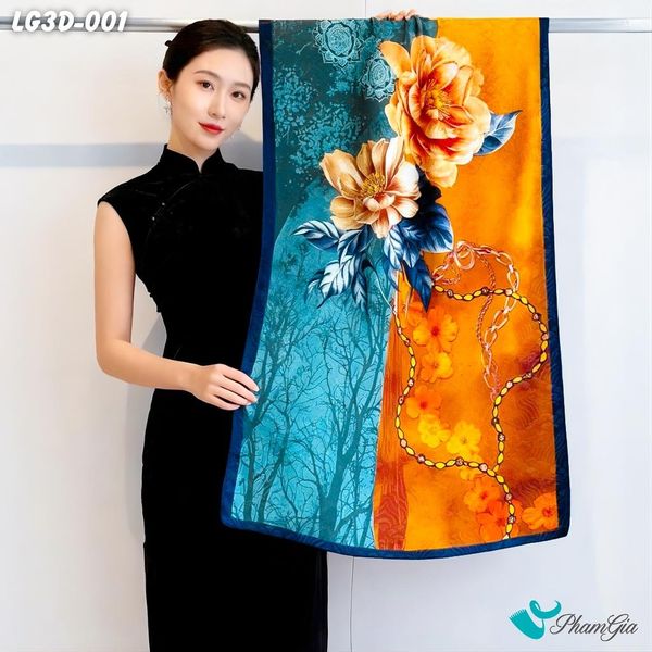 Khăn Choàng Lụa Gấm 3D Cao Cấp Họa Tiết Hoa Mẫu Đơn Quý Phái (LG3D001)