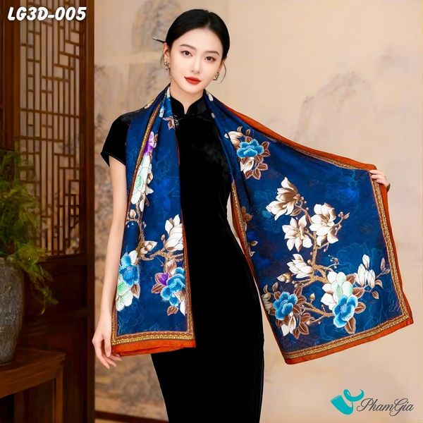 Khăn Choàng Lụa Gấm 3D Cao Cấp Họa Tiết Hoa Mộc Lan Quý Phái (LG3D005)