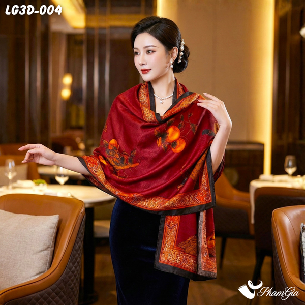 Khăn Choàng Lụa Gấm 3D Cao Cấp Họa Tiết Hồng Thạch Lựu Sang Trọng (LG3D004)