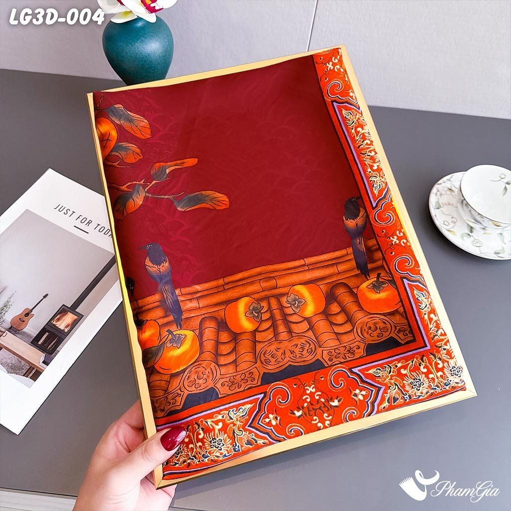 Khăn Choàng Lụa Gấm 3D Cao Cấp Họa Tiết Hồng Thạch Lựu Sang Trọng (LG3D004)
