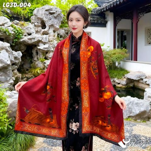 Khăn Choàng Lụa Gấm 3D Cao Cấp Họa Tiết Hồng Thạch Lựu Sang Trọng (LG3D004)