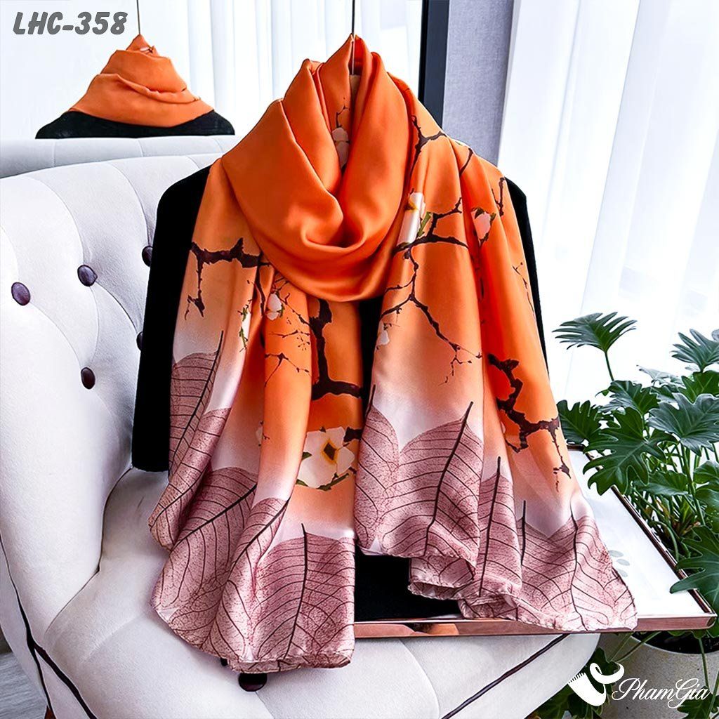 Khăn Choàng Lụa Hàng Châu Họa Tiết Cành Đào Màu Cam Trang Nhã (LHC358)