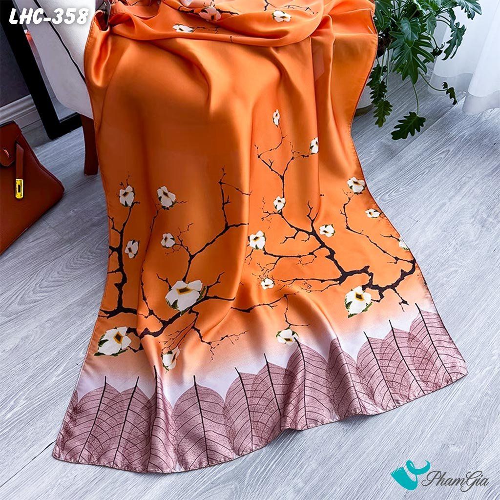 Khăn Choàng Lụa Hàng Châu Họa Tiết Cành Đào Màu Cam Trang Nhã (LHC358)