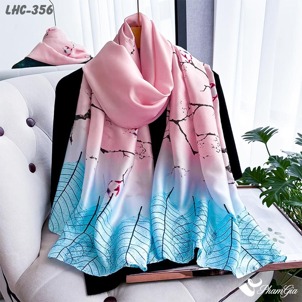 Khăn Choàng Lụa Hàng Châu Họa Tiết Cành Đào Màu Hồng Trang Nhã (LHC356)