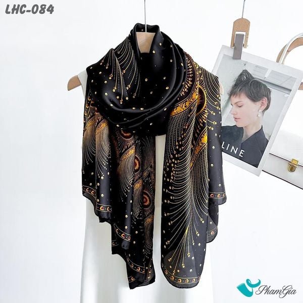 Khăn Choàng Lụa Hàng Châu Họa Tiết Đương Đại Màu Đen Quý Phái (LHC084)