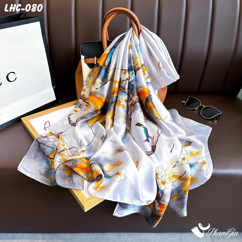 Khăn Choàng Lụa Hàng Châu Họa Tiết Hoa Đào Trắng Trang Nhã (LHC080)