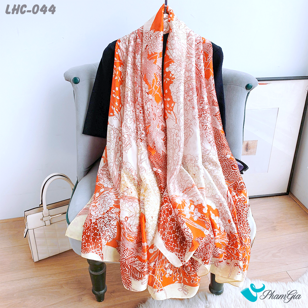 Khăn Choàng Lụa Hàng Châu Họa Tiết Hoa Dây Leo Nền Cam Nổi Bật (LHC044)