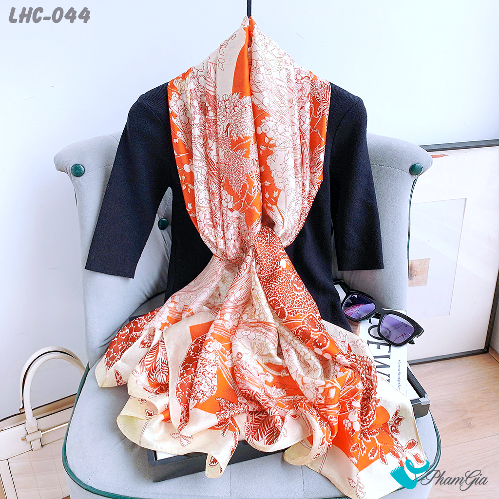 Khăn Choàng Lụa Hàng Châu Họa Tiết Hoa Dây Leo Nền Cam Nổi Bật (LHC044)