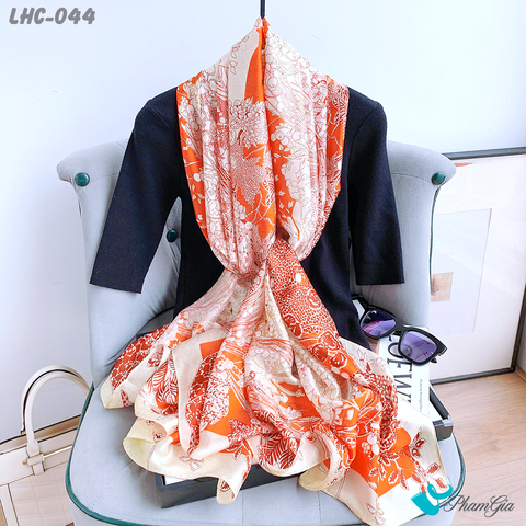 Khăn Choàng Lụa Hàng Châu Họa Tiết Hoa Dây Leo Nền Cam Nổi Bật (LHC044)
