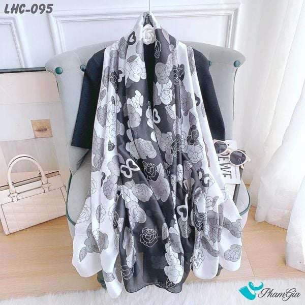 Khăn Choàng Lụa Hàng Châu Họa Tiết Hoa Hồng Đen Trắng Thanh Lịch (LHC095)
